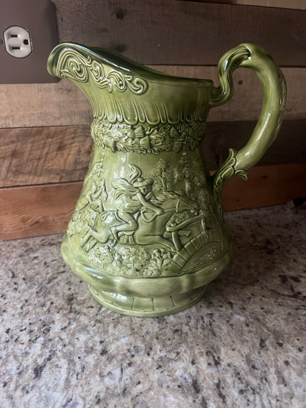 Vintage Embossed MCM Ceramic Pitcher in Olive Green